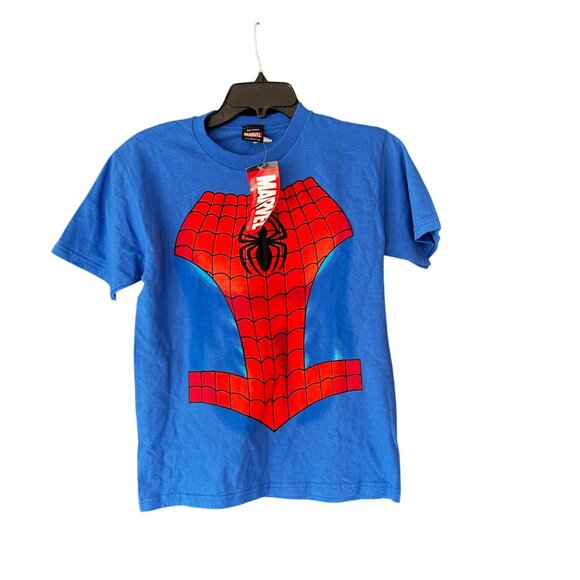 NWT Marvel Spider-Man Graphic Tee Blue Red Web Design Cotton Size M Kids F-6-7-0 - Picture 1 of 6